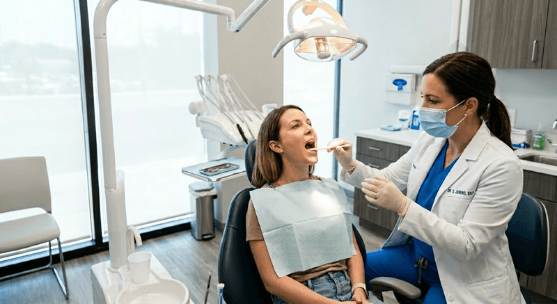 Airway-Focused Dentistry Mississauga — Comprehensive Oral Airway Examination at North Star Dentistry Airway-focused dentistry oral exam at North Star Dentistry Mississauga — dentist performing comprehensive airway and oral assessment on patient in dental chair
