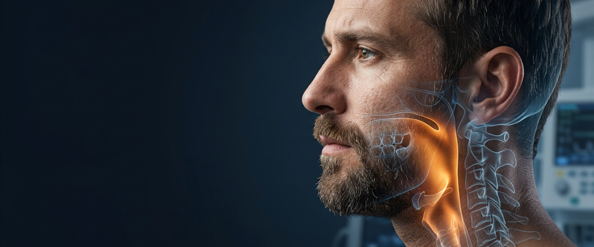 Airway-focused dentistry Mississauga — lateral profile showing jaw, airway, and cervical spine anatomy overlay used in comprehensive airway assessment at North Star Dentistry