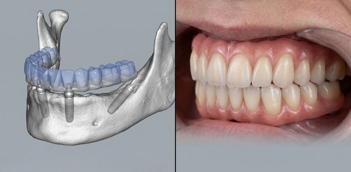 All-on-4 dental implants CBCT-guided surgical planning model showing four strategically angled implants in the lower jaw alongside the final fixed prosthesis result at North Star Dentistry in Mississauga