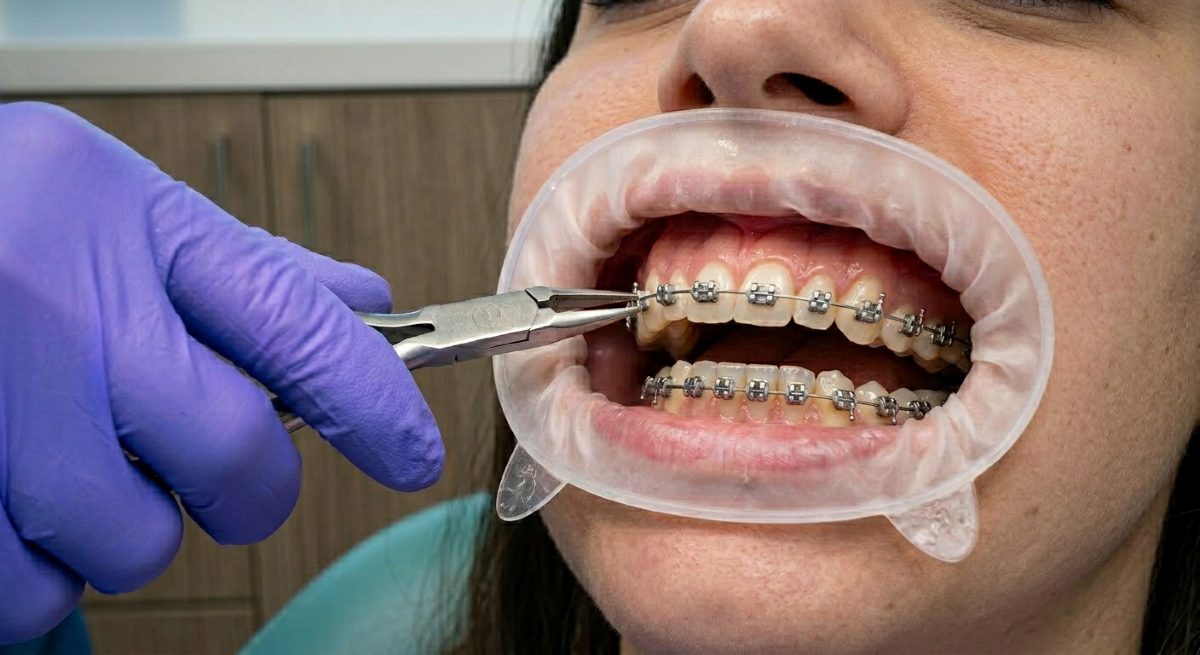 Orthodontist adjusting traditional metal braces on a patient at North Star Dentistry in Mississauga during a routine bracket adjustment appointment