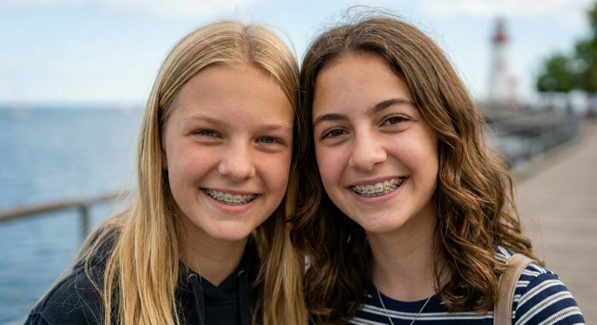 Two smiling teens with traditional metal braces outdoors near the Mississauga waterfront — orthodontic patients of North Star Dentistry