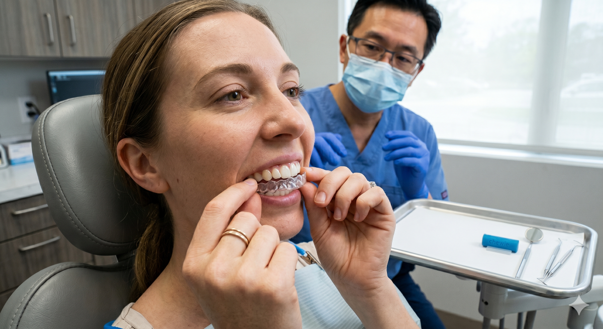 Patient fitting a clear aligner tray with dentist supervising at North Star Dentistry in Mississauga during orthodontic appointment