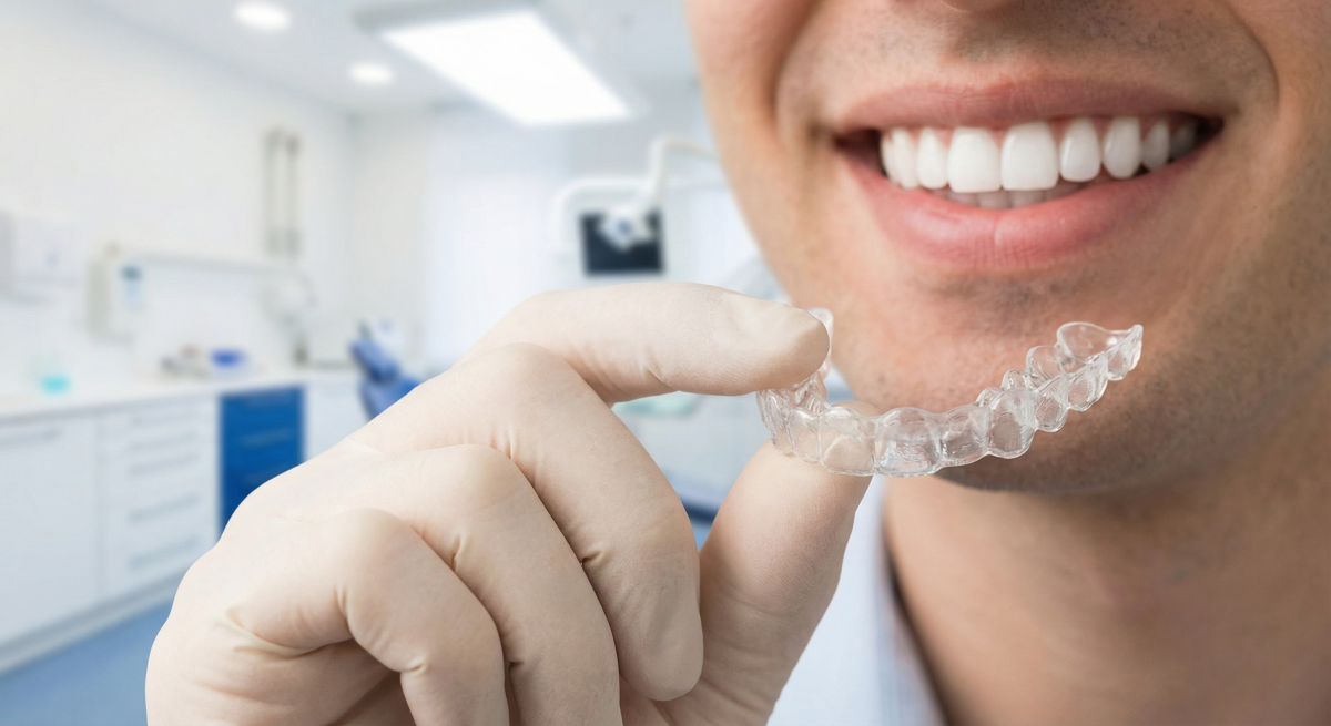 Clear aligners Mississauga — patient holding a transparent custom-fit aligner tray at North Star Dentistry, showing nearly invisible orthodontic treatment planned with iTero 3D digital scanning
