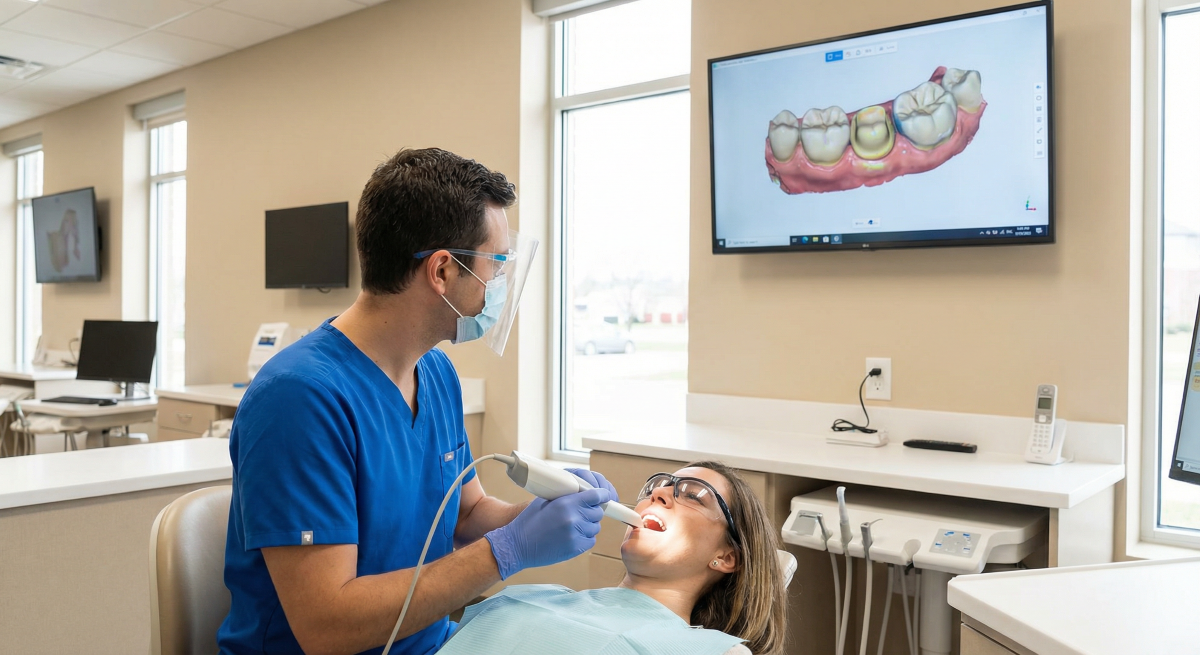 Dentist performing an iTero 3D digital intraoral scan on a patient for dental crowns at North Star Dentistry in Mississauga with live scan displayed on monitor