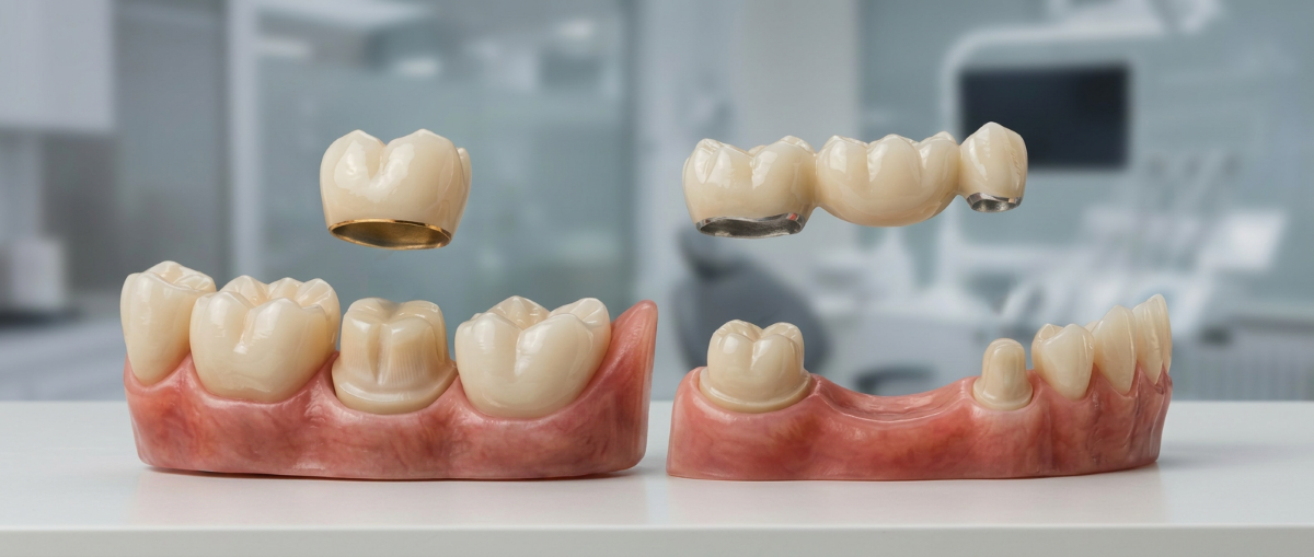 Dental crown and three-unit bridge models on a clinical countertop demonstrating custom restorative solutions offered at North Star Dentistry in Mississauga