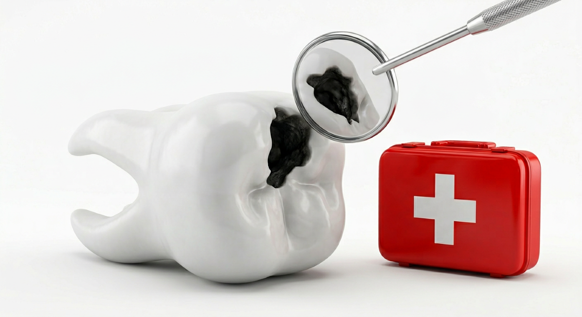 Decayed tooth with cavities examined by a dental mirror next to a red emergency first-aid kit representing urgent dental emergency care in Mississauga at North Star Dentistry