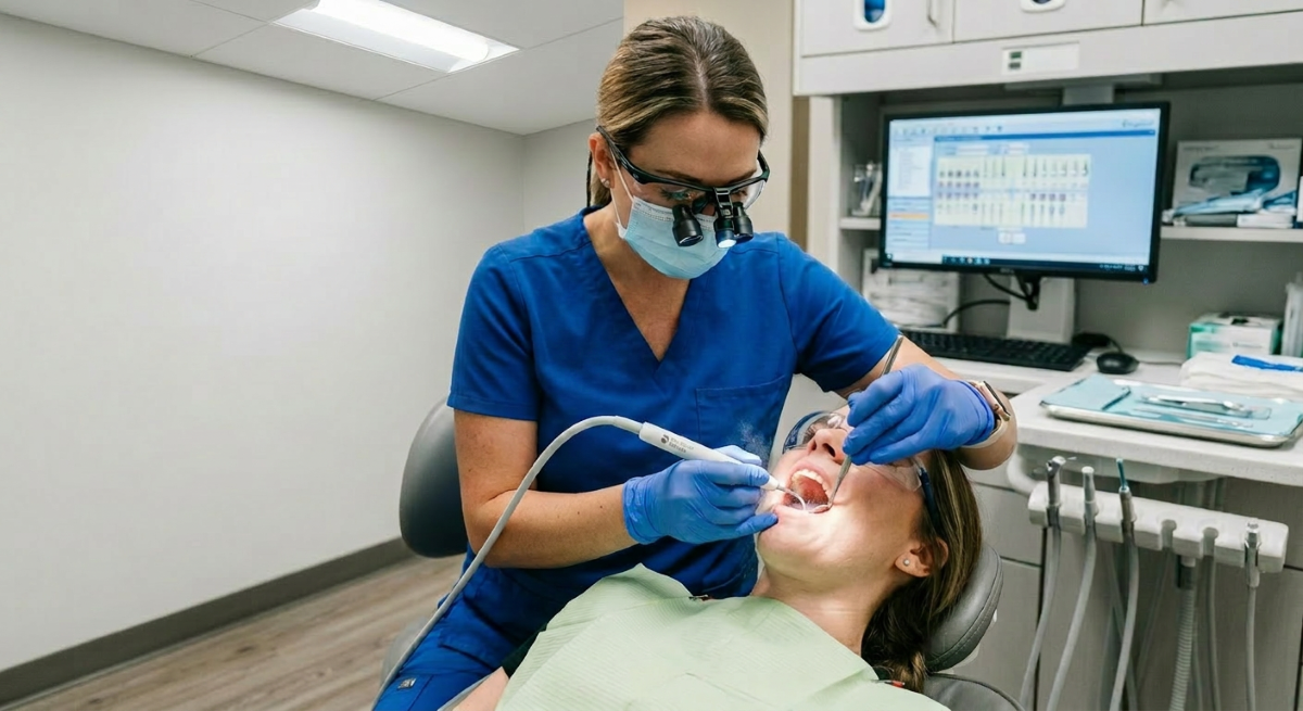 Dental hygienist performing professional scaling and cleaning during a dental hygiene appointment at North Star Dentistry Mississauga