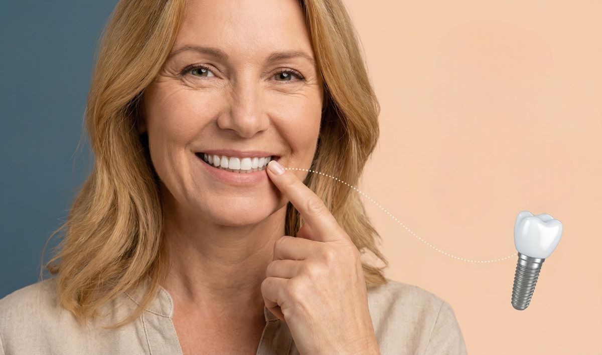 Smiling middle-aged woman pointing to her restored smile with a titanium dental implant fixture illustration — dental implants Mississauga at North Star Dentistry