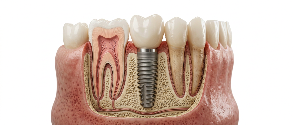 Cross-section anatomical view of a titanium dental implant fixture integrated into the jawbone beside natural teeth — dental implants Mississauga at North Star Dentistry