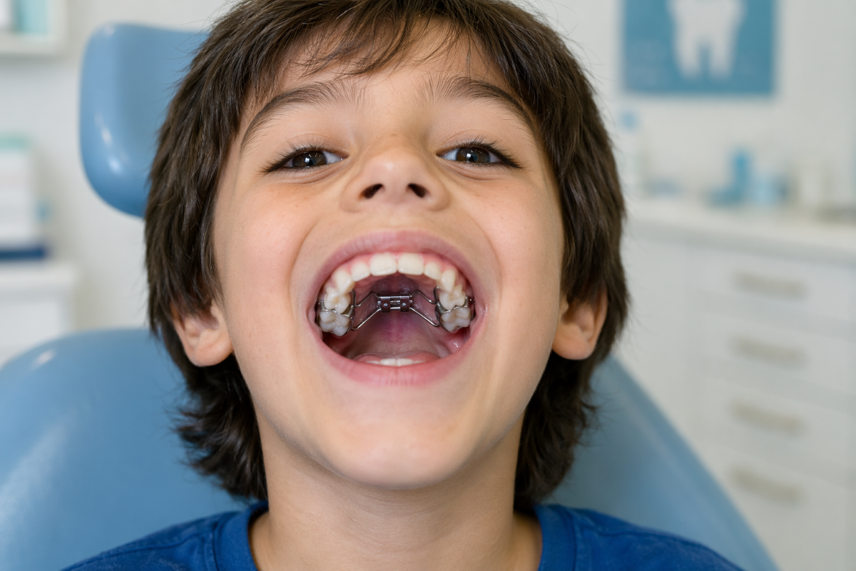 Child with palatal expander appliance during early interceptive orthodontics treatment at North Star Dentistry in Mississauga