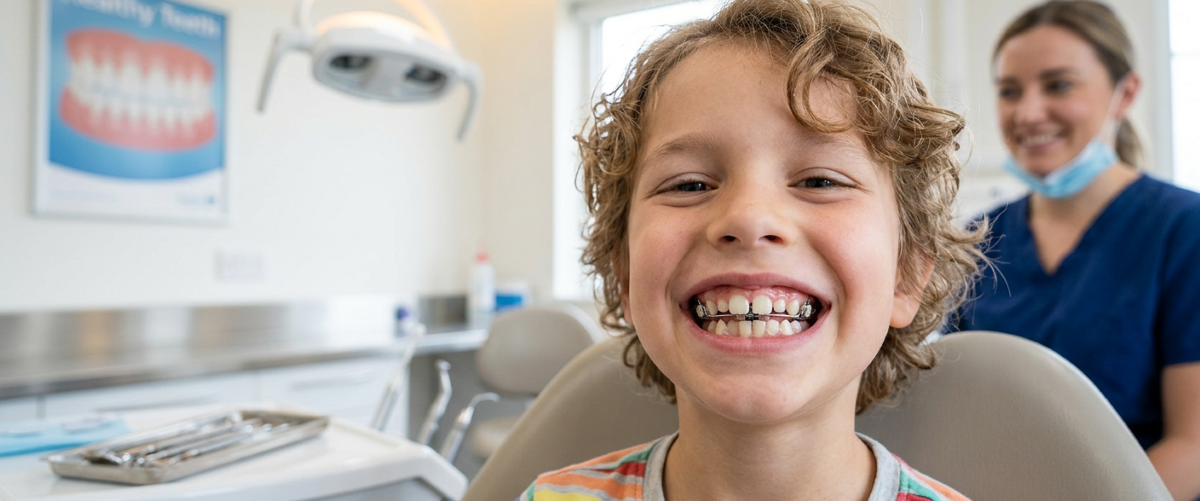 Early interceptive orthodontics for children in Mississauga – young patient with palatal expander smiling at North Star Dentistry during phase one orthodontic treatment