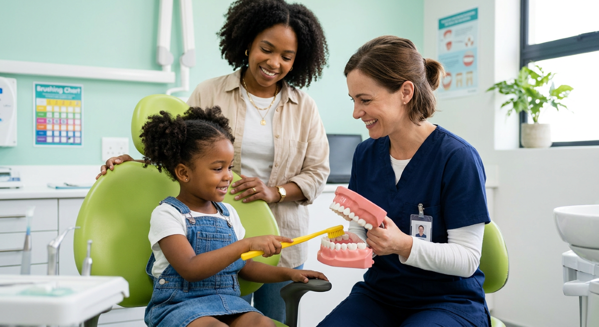 Family dentistry appointment in Mississauga — child learning to brush teeth with dentist guidance while parent watches at North Star Dentistry