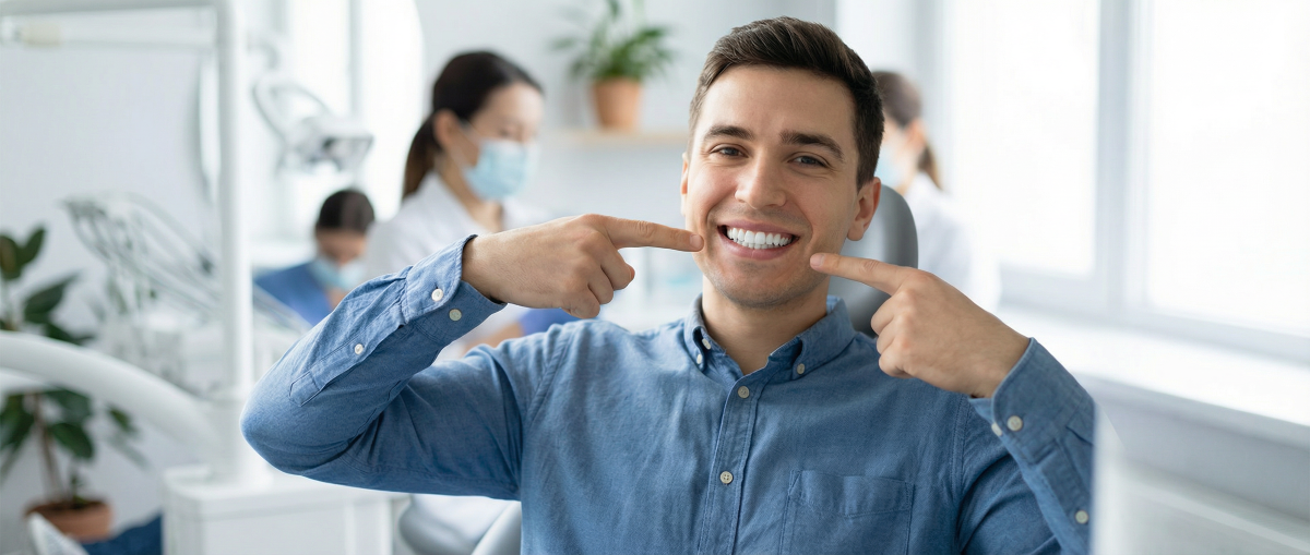 Happy patient pointing to his new smile after a full smile makeover at North Star Dentistry in Mississauga featuring veneers, whitening, and cosmetic restorations