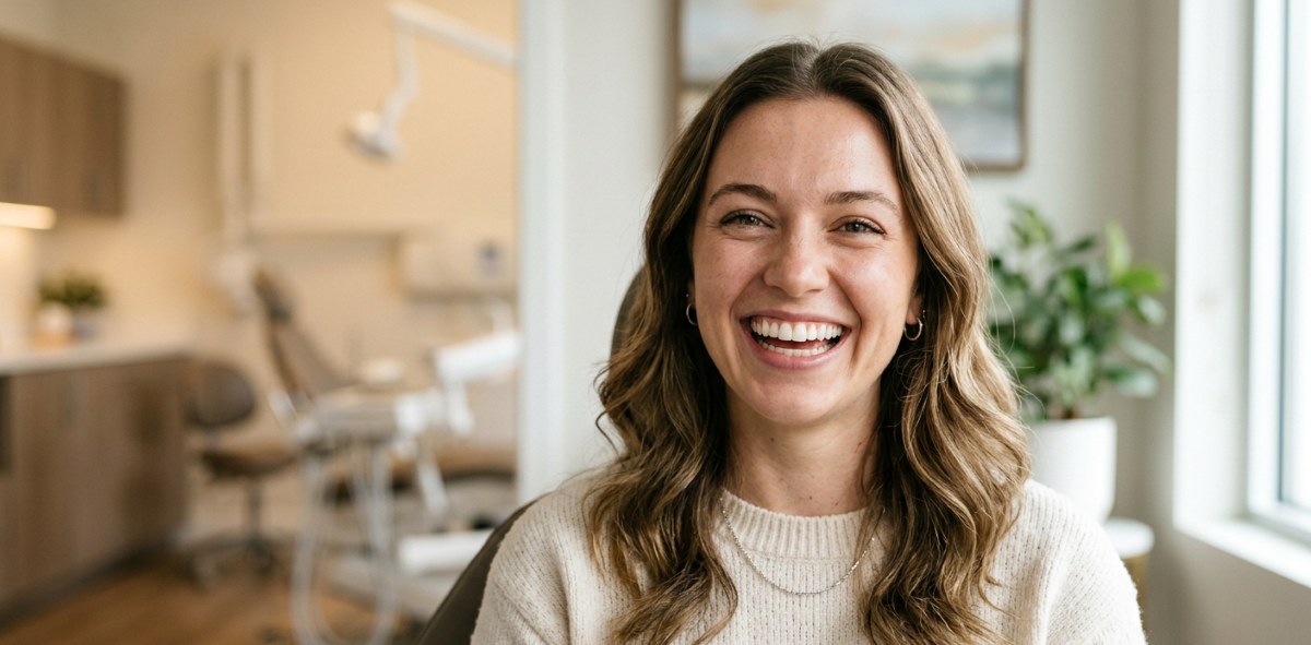 Smiling patient showcasing a flawless Hollywood Smile transformation with bright symmetrical teeth at North Star Dentistry in Mississauga