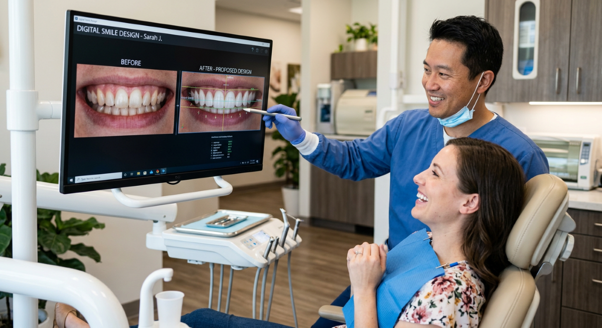Cosmetic dentist in Mississauga using digital smile design software to show a patient before-and-after Hollywood Smile results on a clinical monitor at North Star Dentistry