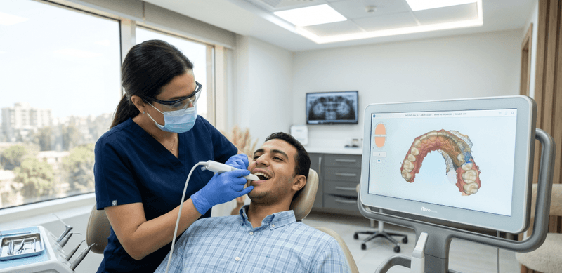 Invisalign Mississauga | iTero 3D Intraoral Scanning at North Star Dentistry Invisalign iTero 3D digital scan in progress at North Star Dentistry Mississauga — dentist performing intraoral scanning on a patient while the real-time 3D dental model displays on the iTero monitor during Invisalign treatment planning
