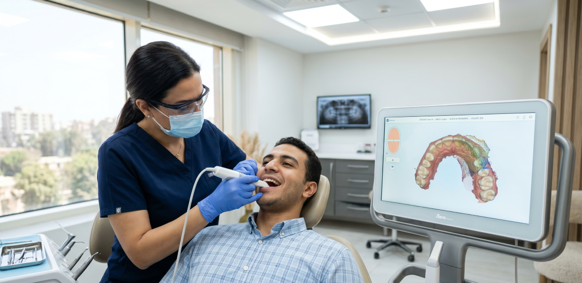 Invisalign iTero 3D digital scan in progress at North Star Dentistry Mississauga — dentist performing intraoral scanning on a patient while the real-time 3D dental model displays on the iTero monitor during Invisalign treatment planning
