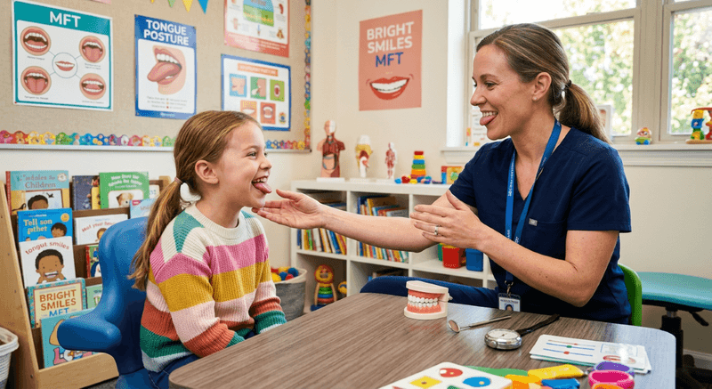 Myofunctional Appliances Mississauga | Tongue Thrust Therapy at North Star Dentistry Myofunctional appliance therapy session in Mississauga — dental hygienist guiding a child through tongue posture exercises at North Star Dentistry