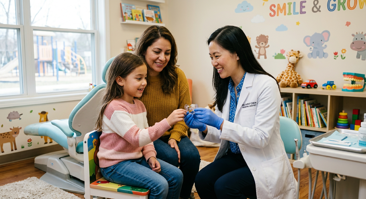 Pediatric dentist in Mississauga showing a young child a habit-breaker appliance during a kids dentistry appointment at North Star Dentistry