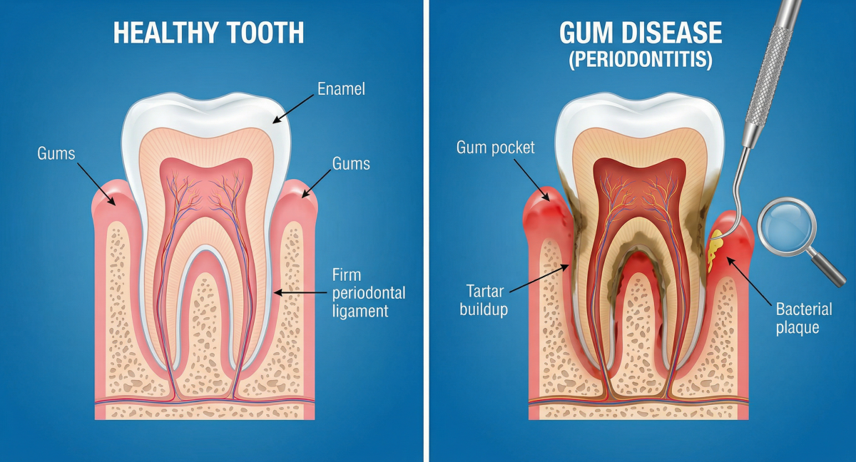 Scaling and root planing diagram comparing healthy tooth with firm periodontal ligament to gum disease periodontitis showing tartar buildup gum pockets and bacterial plaque treated at North Star Dentistry Mississauga
