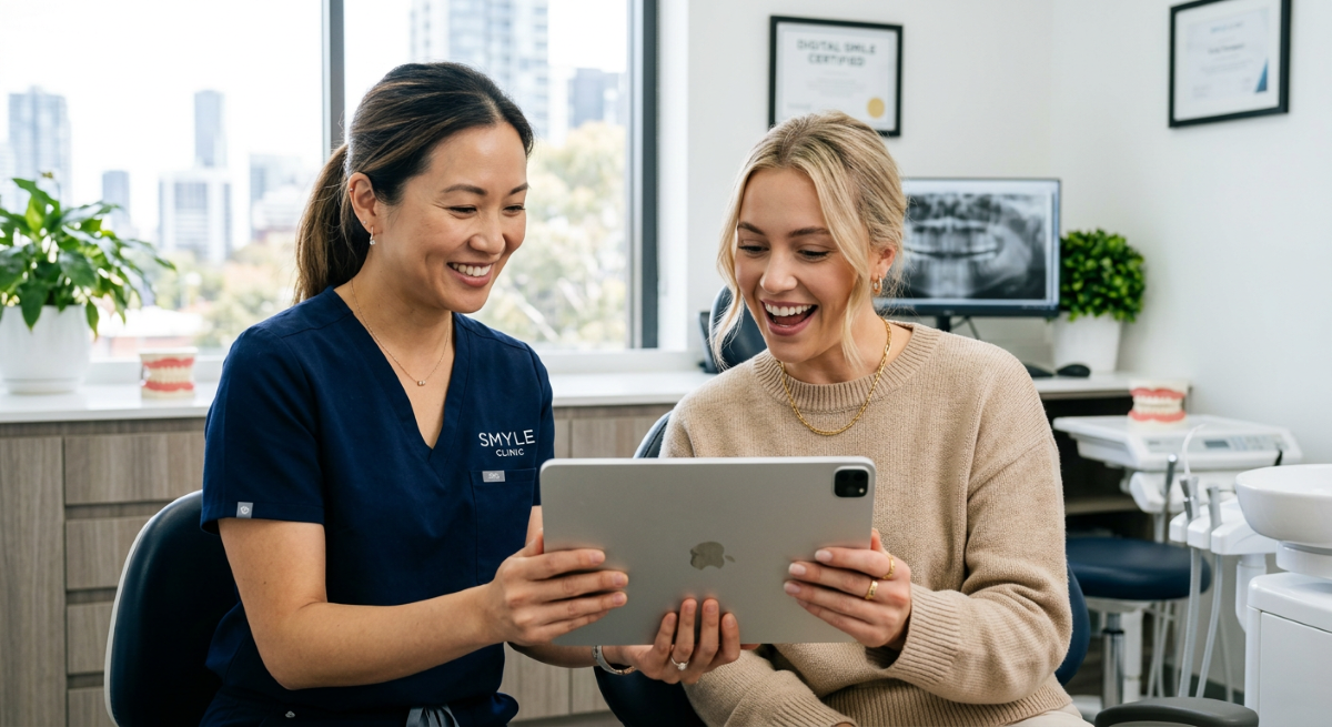 Cosmetic dentist in Mississauga discussing a personalized smile makeover treatment plan with a patient using a digital tablet at North Star Dentistry