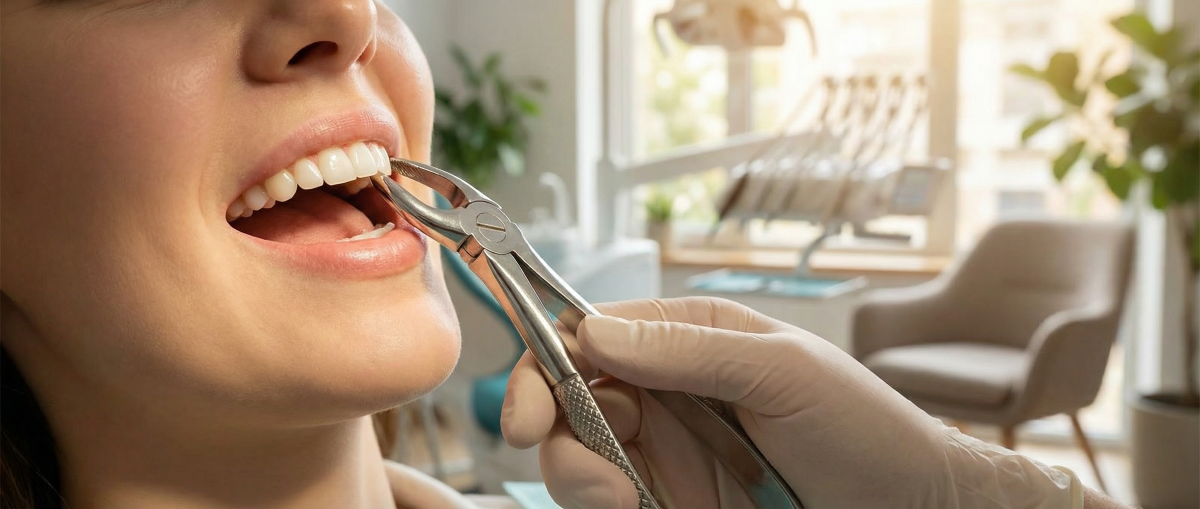 Tooth extraction procedure at North Star Dentistry in Mississauga — dentist using specialized forceps for a safe, comfortable dental extraction