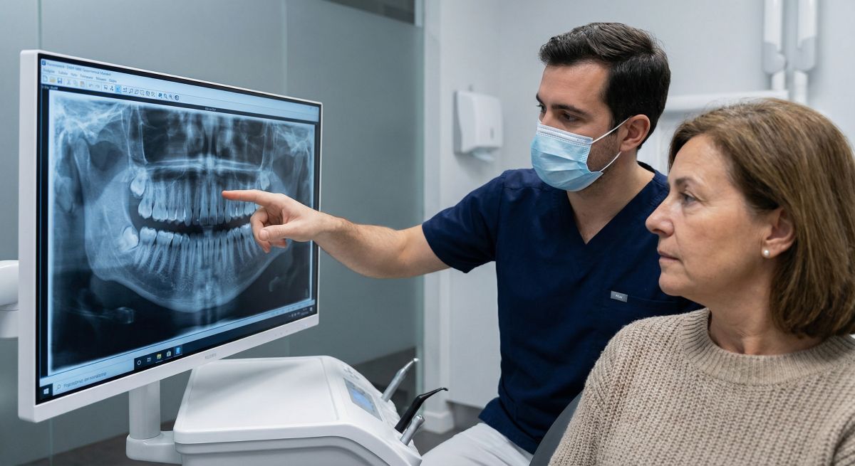 Dentist pointing at a panoramic digital X-ray on a monitor while explaining wisdom tooth extraction options to a patient at North Star Dentistry in Mississauga