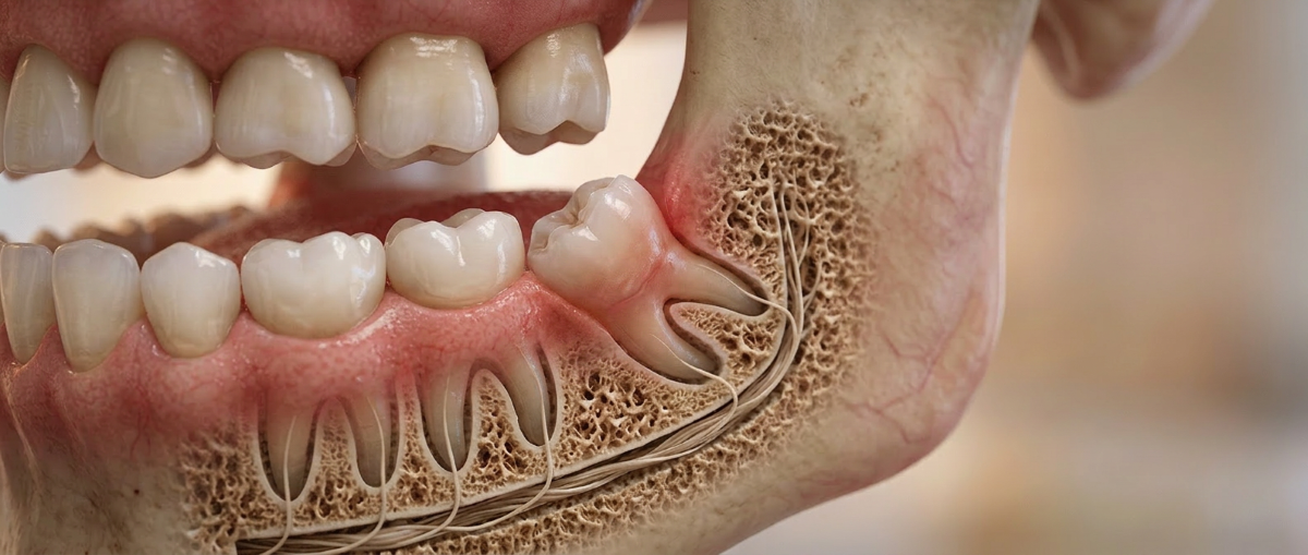 Anatomical cross-section model showing an impacted wisdom tooth pressing against adjacent molars inside the jawbone, illustrating the need for wisdom tooth extraction at North Star Dentistry in Mississauga