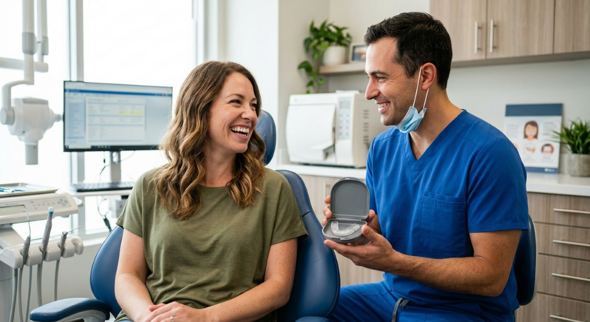 Dentist in blue scrubs presenting a custom-fabricated night guard in its protective case to a smiling patient seated in a dental chair during a bruxism consultation at a Mississauga dental clinic