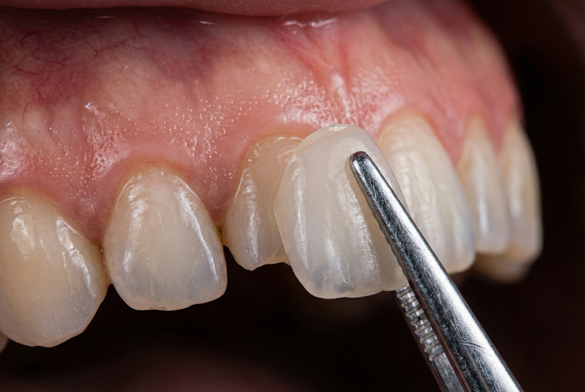 Porcelain dental veneer being placed on a prepared upper front tooth at North Star Dentistry in Mississauga Ontario during a cosmetic bonding procedure