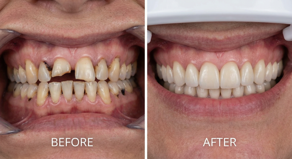 Before and after comparison of full mouth rehabilitation at North Star Dentistry in Mississauga showing severely damaged decayed and misaligned teeth restored to a healthy uniform smile through comprehensive phased dental reconstruction