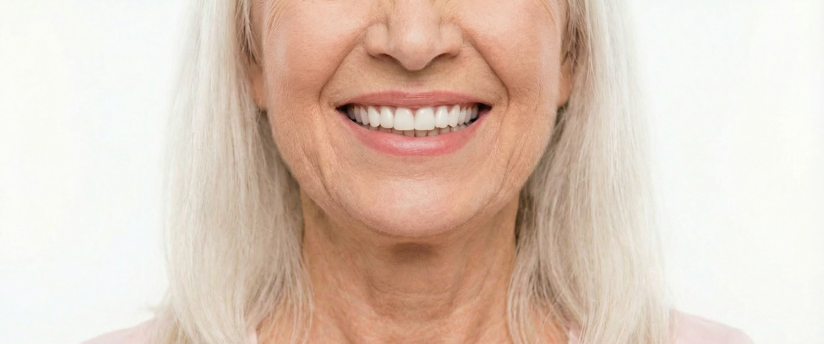Smiling mature woman showing beautifully restored teeth after full mouth rehabilitation treatment at North Star Dentistry in Mississauga Ontario