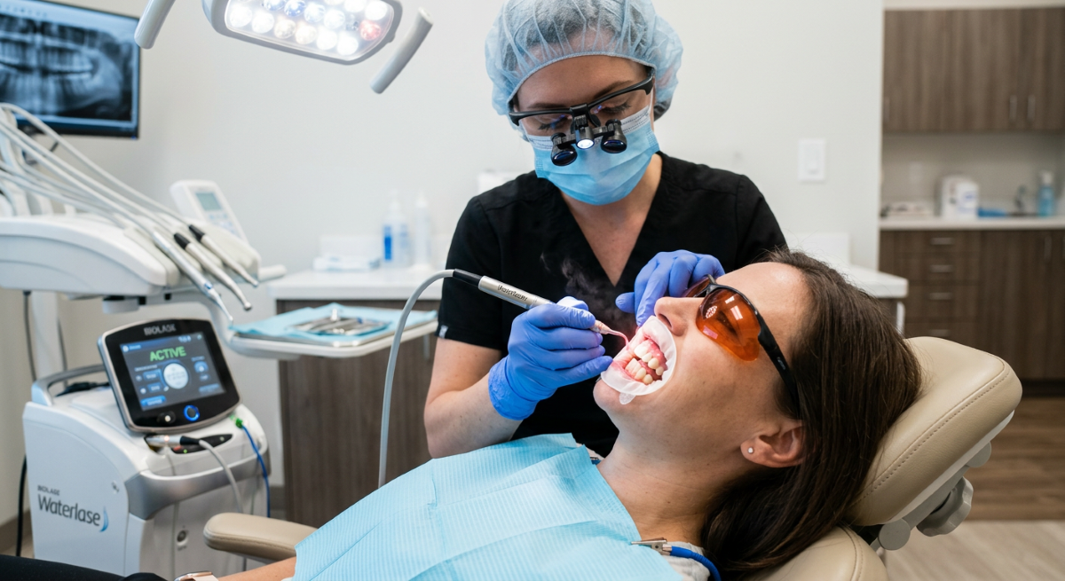Dental hygienist performing laser gum treatment on a patient using Biolase Waterlase technology at North Star Dentistry in Mississauga for periodontal therapy and gum reshaping