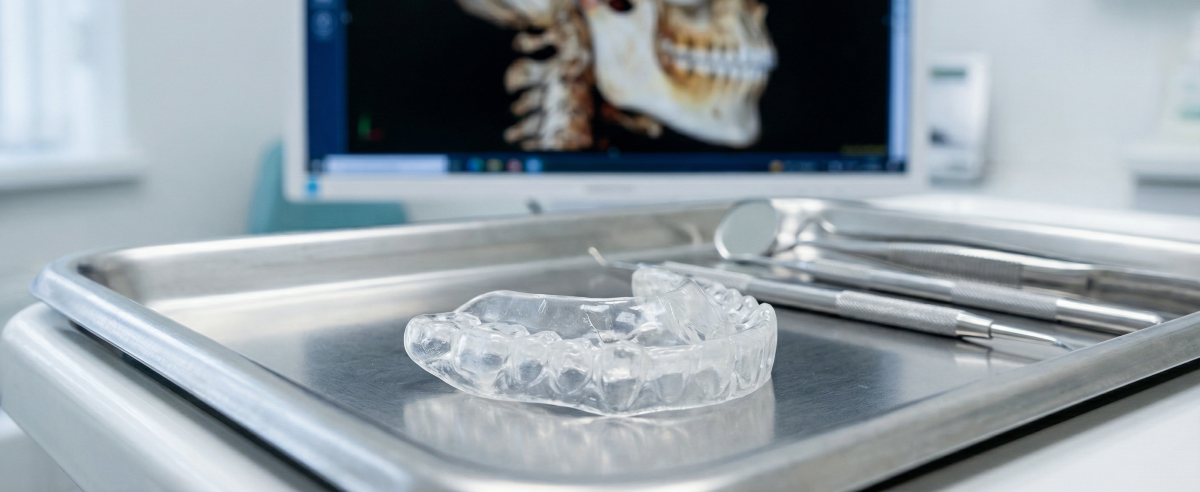 Custom clear occlusal night guard on a stainless steel dental tray with instruments at North Star Dentistry in Mississauga for bruxism and teeth grinding protection