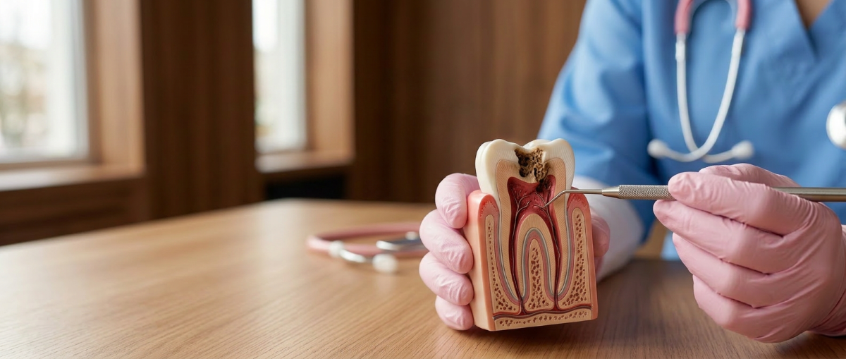 Root canal dentist in Mississauga holding a cross-section tooth model showing infected pulp requiring endodontic treatment at North Star Dentistry