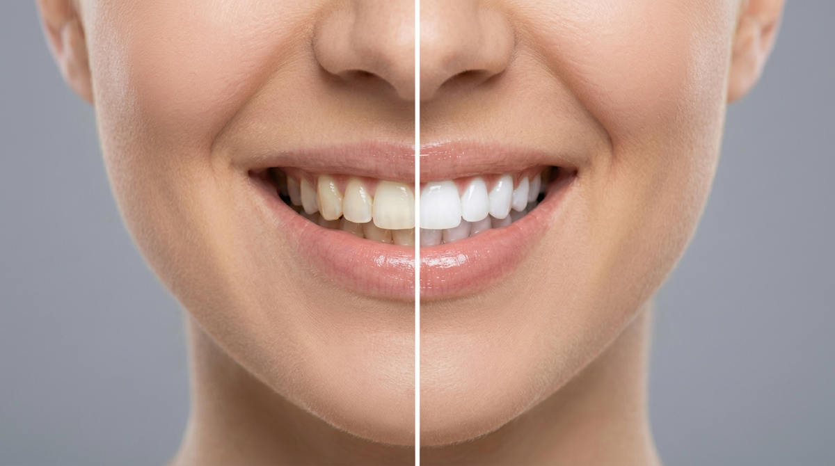 Before and after professional teeth whitening results at North Star Dentistry in Mississauga Ontario showing dramatic shade improvement from yellowed stained teeth to bright white smile using Philips Zoom cosmetic whitening system
