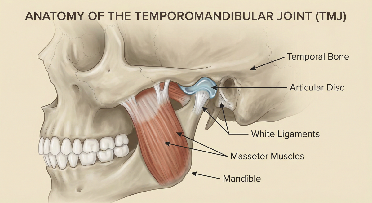 Anatomy of the temporomandibular joint (TMJ) showing temporal bone, articular disc, ligaments, masseter muscles, and mandible – TMJ treatment Mississauga at North Star Dentistry